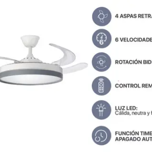 Ventilador De Techo Retráctil Codini Blanco Luz Led Control