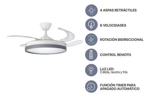 Ventilador De Techo Retráctil Codini Blanco Luz Led Control