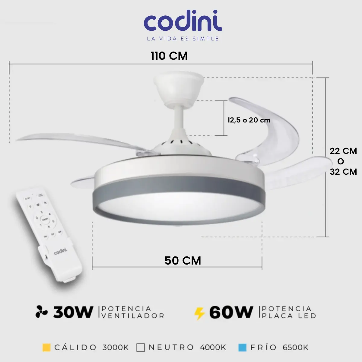 Ventilador De Techo Retráctil Codini Blanco Luz Led Control - Imagen 6