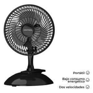 Microventilador Ventisol 20 cm 3 Aspas 220 V Color Negro, Ventilador Portátil, Para Escritorio